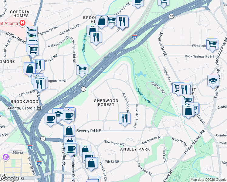 map of restaurants, bars, coffee shops, grocery stores, and more near 1700 Doncaster Drive Northeast in Atlanta