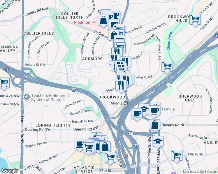 map of restaurants, bars, coffee shops, grocery stores, and more near 44 25th Street Northwest in Atlanta