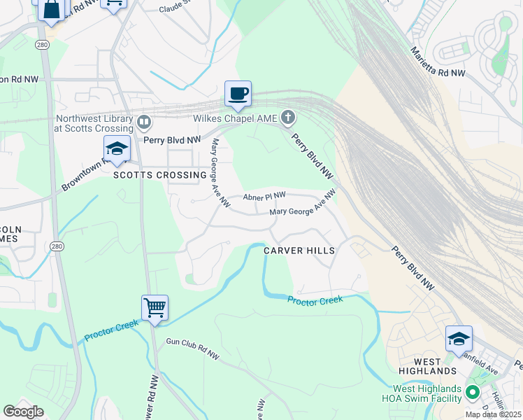map of restaurants, bars, coffee shops, grocery stores, and more near 1654 Mary George Avenue Northwest in Atlanta