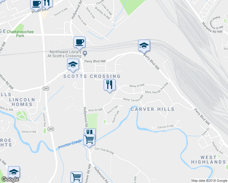 map of restaurants, bars, coffee shops, grocery stores, and more near 2479 Abner Terrace Northwest in Atlanta