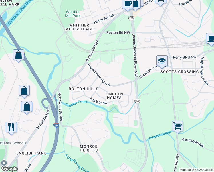 map of restaurants, bars, coffee shops, grocery stores, and more near 2800 Browntown Road Northwest in Atlanta