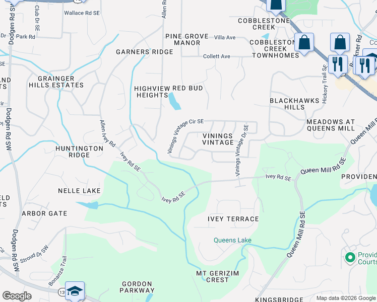 map of restaurants, bars, coffee shops, grocery stores, and more near 331 Vinings Vintage Circle Southeast in Mableton