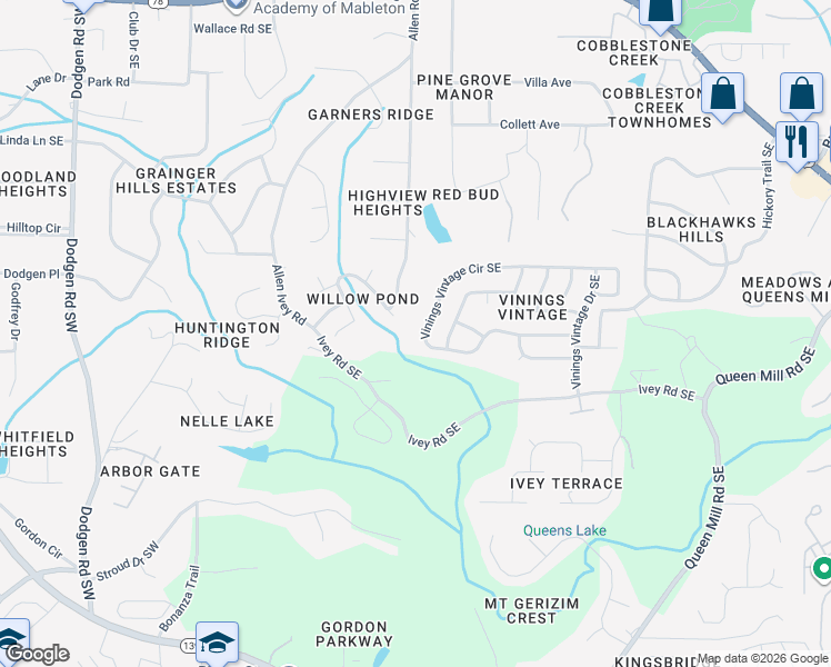 map of restaurants, bars, coffee shops, grocery stores, and more near 361 Vinings Vintage Circle Southeast in Mableton