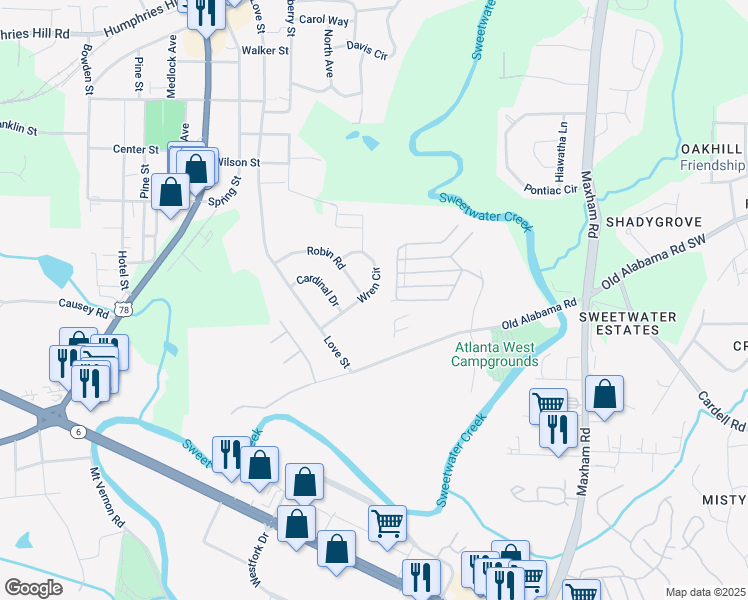 map of restaurants, bars, coffee shops, grocery stores, and more near 47 Cherokee Drive in Austell