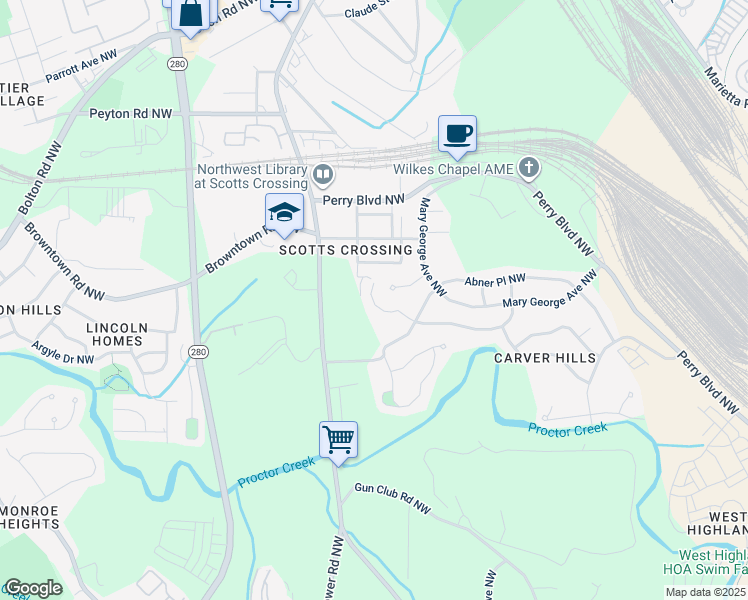 map of restaurants, bars, coffee shops, grocery stores, and more near 2479 Abner Terrace Northwest in Atlanta