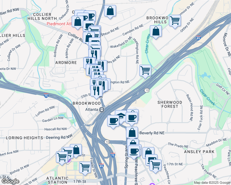 map of restaurants, bars, coffee shops, grocery stores, and more near 1735 Peachtree Street Northeast in Atlanta