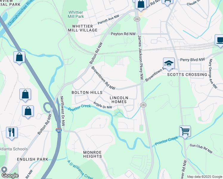 map of restaurants, bars, coffee shops, grocery stores, and more near 2800 Browntown Road Northwest in Atlanta