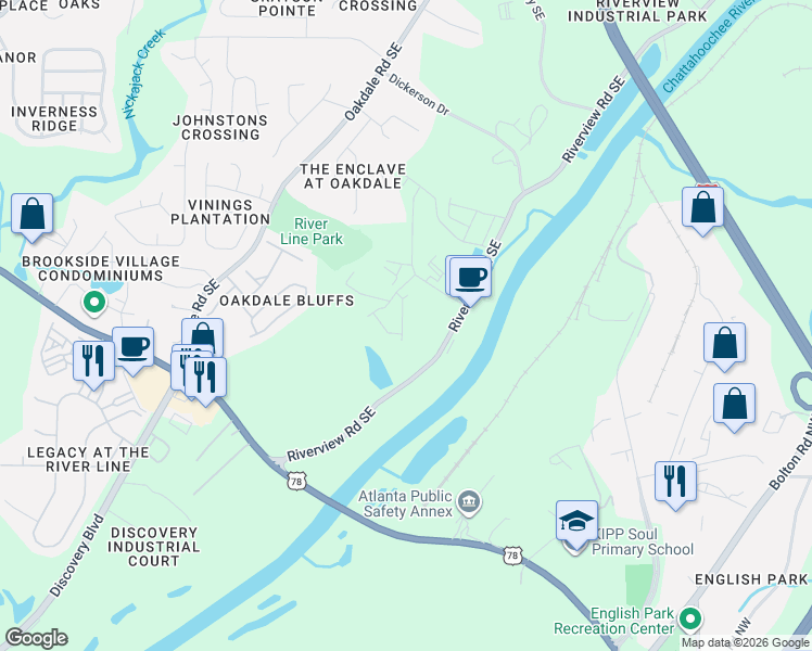 map of restaurants, bars, coffee shops, grocery stores, and more near 1648 Armstrong Place Southeast in Mableton