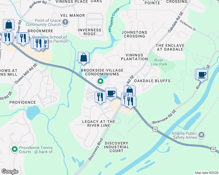 map of restaurants, bars, coffee shops, grocery stores, and more near 6600 Brooklyn Court Southeast in Mableton