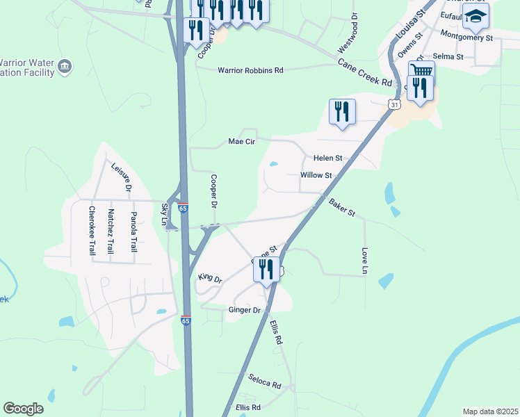 map of restaurants, bars, coffee shops, grocery stores, and more near 155 Dana Road in Warrior