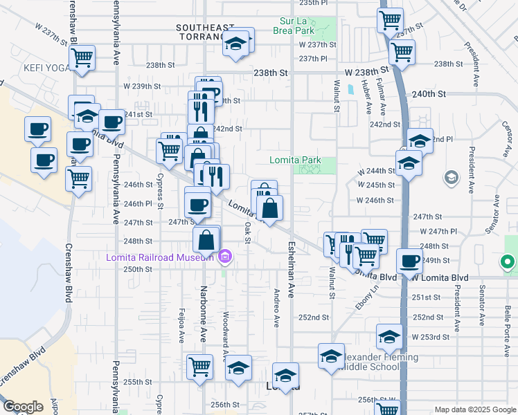 map of restaurants, bars, coffee shops, grocery stores, and more near 2075 Lomita Boulevard in Lomita