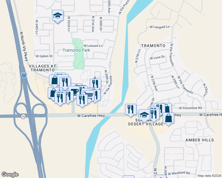 map of restaurants, bars, coffee shops, grocery stores, and more near 34979 North 30th Avenue in Phoenix