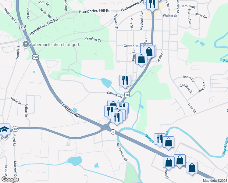 map of restaurants, bars, coffee shops, grocery stores, and more near 3005 Causey Road in Austell