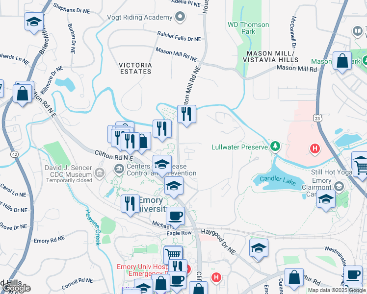 map of restaurants, bars, coffee shops, grocery stores, and more near 743 Houston Mill Road Northeast in Atlanta