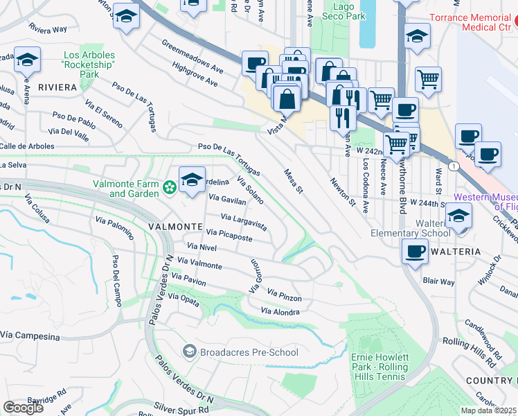 map of restaurants, bars, coffee shops, grocery stores, and more near 4101 Via Largavista in Palos Verdes Estates