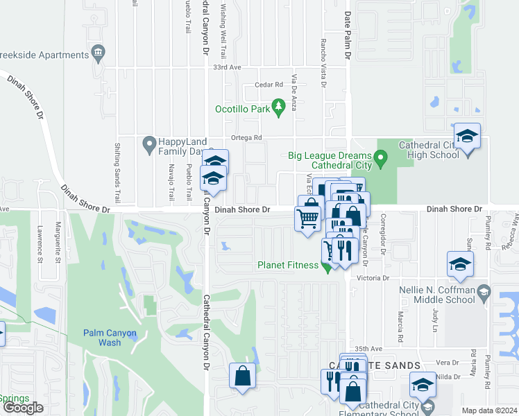 map of restaurants, bars, coffee shops, grocery stores, and more near 22 Coble Drive in Cathedral City