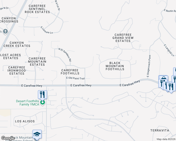 map of restaurants, bars, coffee shops, grocery stores, and more near 34810 North Arroyo Road in Cave Creek