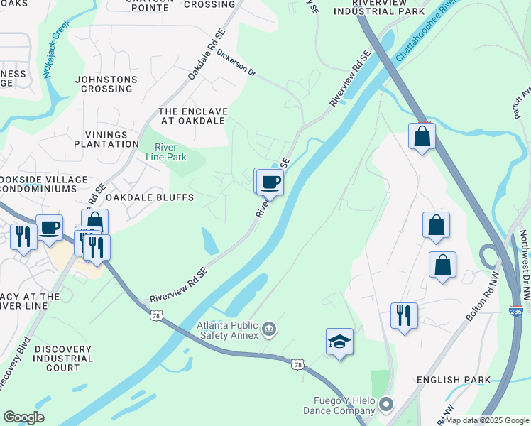 map of restaurants, bars, coffee shops, grocery stores, and more near 6255 Riverview Road Southeast in Mableton