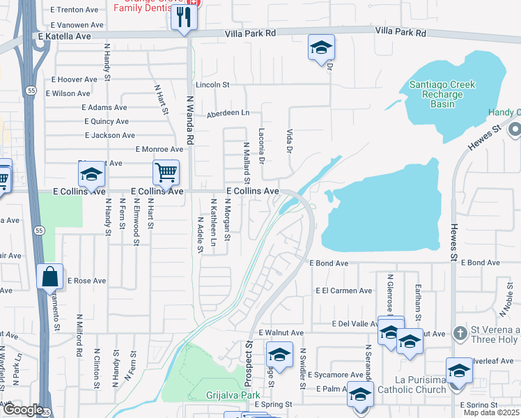 map of restaurants, bars, coffee shops, grocery stores, and more near 3340 East Collins Avenue in Orange