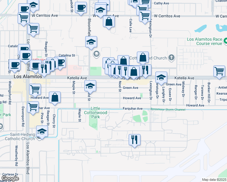 map of restaurants, bars, coffee shops, grocery stores, and more near 4192 Green Avenue in Los Alamitos
