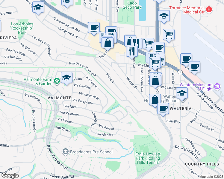 map of restaurants, bars, coffee shops, grocery stores, and more near 4101 Paseo De Las Tortugas in Torrance