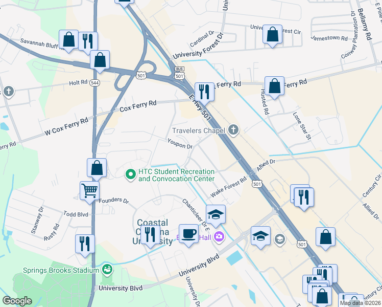 map of restaurants, bars, coffee shops, grocery stores, and more near 1432 Carolina Road in Conway