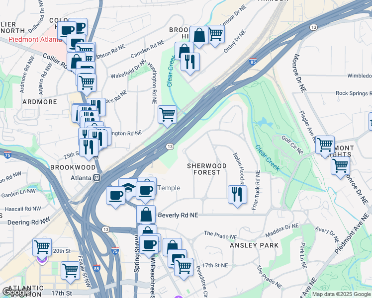 map of restaurants, bars, coffee shops, grocery stores, and more near Barnesdale Way Northeast in Atlanta