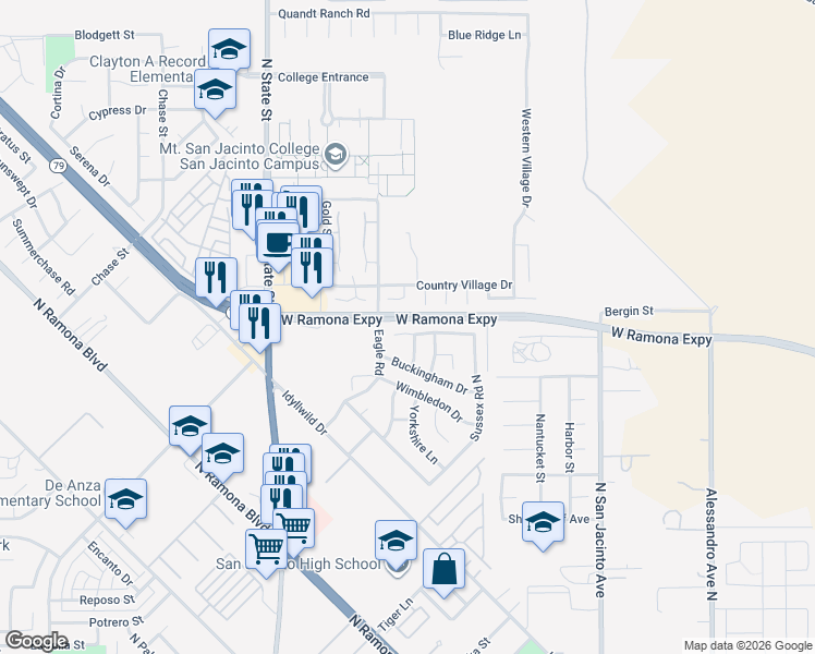 map of restaurants, bars, coffee shops, grocery stores, and more near 460 Cambridge Drive in San Jacinto