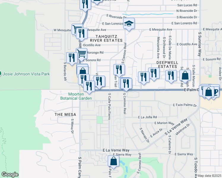 map of restaurants, bars, coffee shops, grocery stores, and more near 1690 South Calle Palo Fierro in Palm Springs