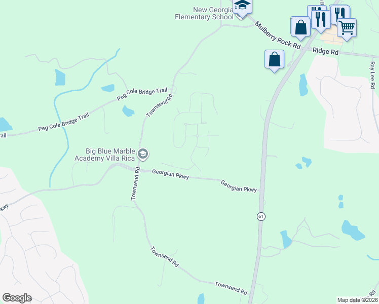map of restaurants, bars, coffee shops, grocery stores, and more near 113 Meriwether Lane in Villa Rica