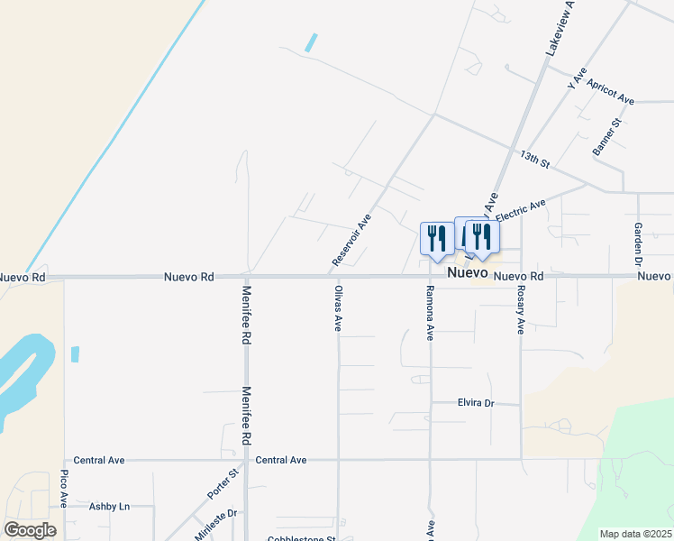 map of restaurants, bars, coffee shops, grocery stores, and more near 29238 Nuevo Road in Nuevo