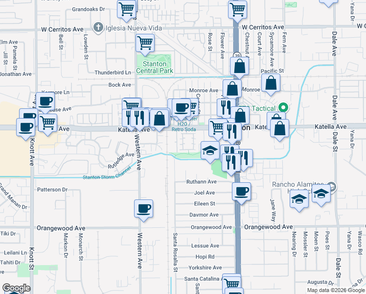 map of restaurants, bars, coffee shops, grocery stores, and more near 18 Redwood Court in Stanton