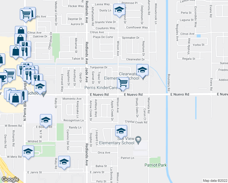 map of restaurants, bars, coffee shops, grocery stores, and more near 1613 Edgefield Street in Perris