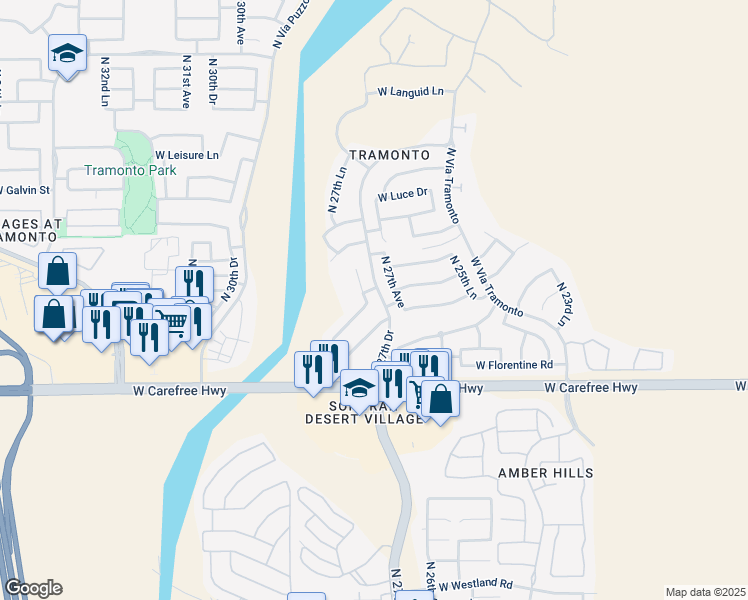 map of restaurants, bars, coffee shops, grocery stores, and more near 2711 West Vía Bona Fortuna in Phoenix
