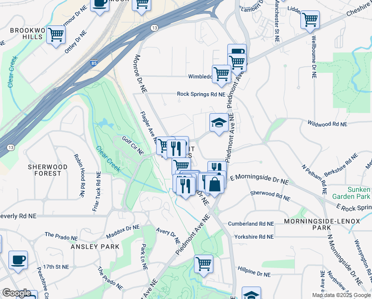 map of restaurants, bars, coffee shops, grocery stores, and more near 1705 Monroe Drive Northeast in Atlanta