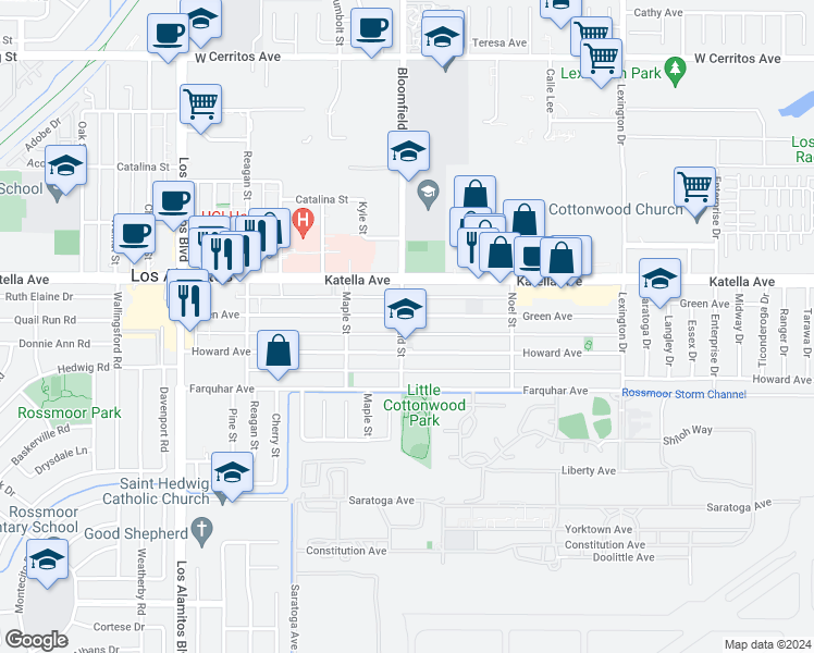 map of restaurants, bars, coffee shops, grocery stores, and more near 4000 Green Avenue in Los Alamitos