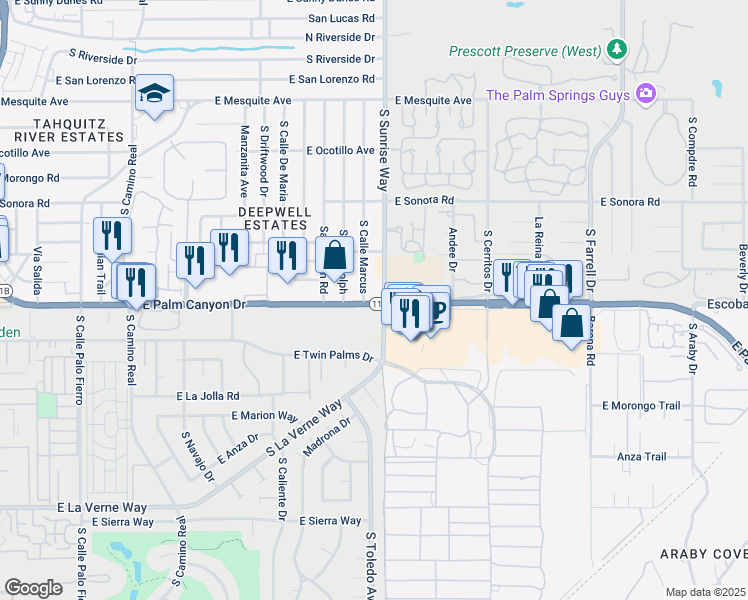 map of restaurants, bars, coffee shops, grocery stores, and more near 1675 East Palm Canyon Drive in Palm Springs