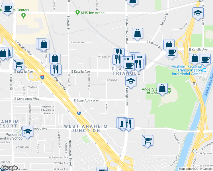 map of restaurants, bars, coffee shops, grocery stores, and more near 1890 South Chris Lane in Anaheim