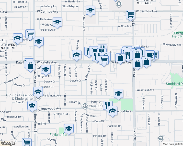 map of restaurants, bars, coffee shops, grocery stores, and more near 11133 Palmwood Drive in Garden Grove