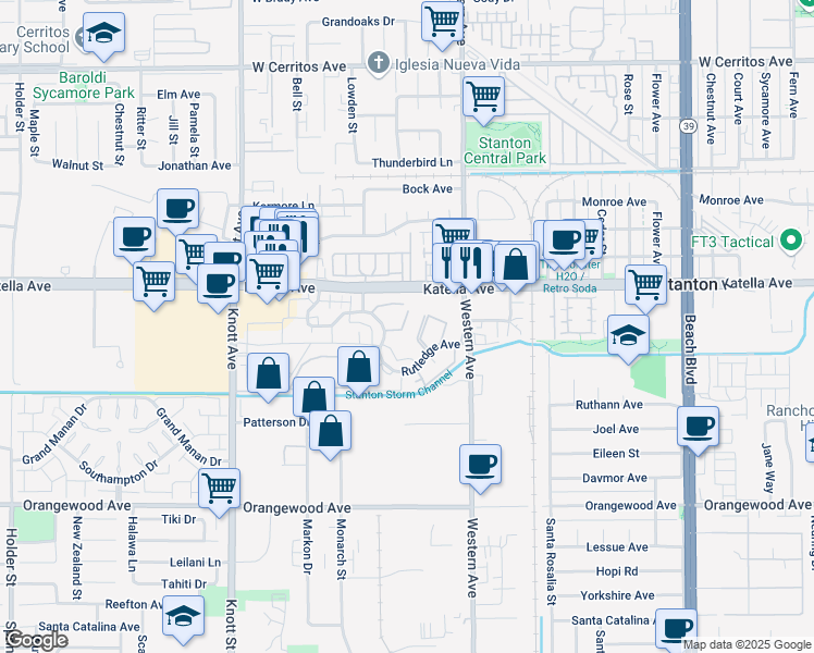 map of restaurants, bars, coffee shops, grocery stores, and more near 11078 Camden Way in Stanton