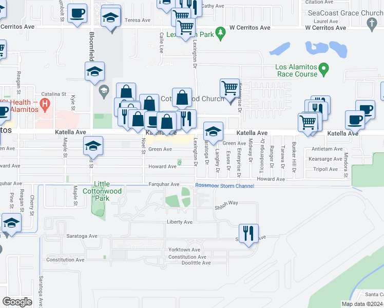 map of restaurants, bars, coffee shops, grocery stores, and more near 11132 Lexington Drive in Los Alamitos