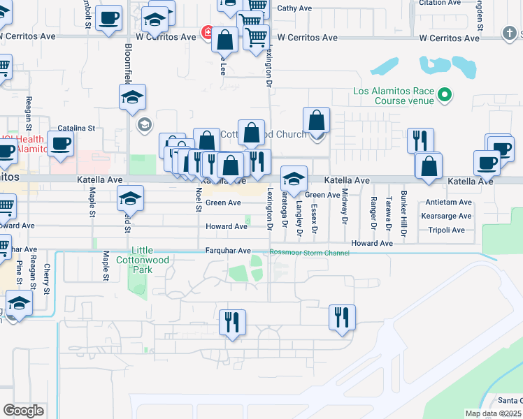 map of restaurants, bars, coffee shops, grocery stores, and more near 11132 Lexington Drive in Los Alamitos
