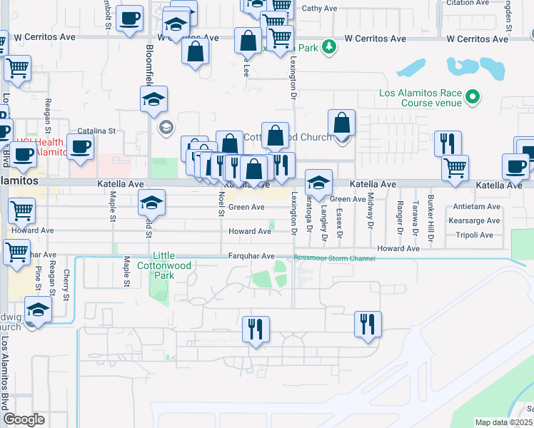map of restaurants, bars, coffee shops, grocery stores, and more near 4391 Howard Avenue in Los Alamitos