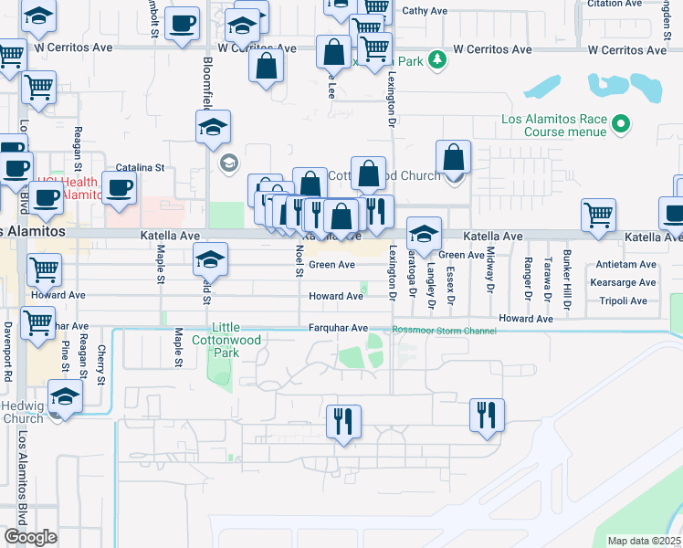 map of restaurants, bars, coffee shops, grocery stores, and more near 4313 Howard Avenue in Los Alamitos