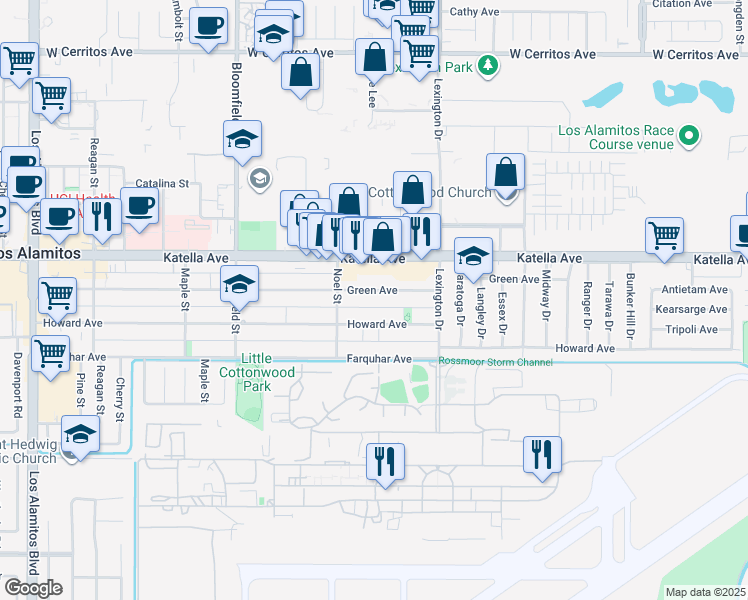 map of restaurants, bars, coffee shops, grocery stores, and more near 4313 Howard Avenue in Los Alamitos