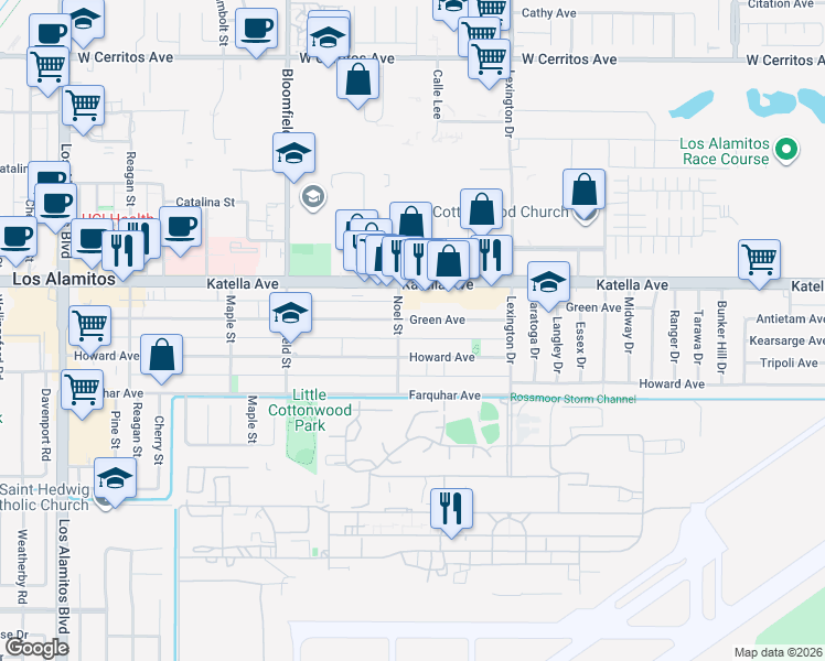 map of restaurants, bars, coffee shops, grocery stores, and more near 11131 Noel Street in Los Alamitos
