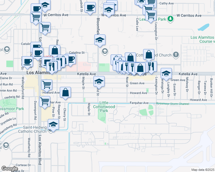 map of restaurants, bars, coffee shops, grocery stores, and more near 4061 Howard Avenue in Los Alamitos