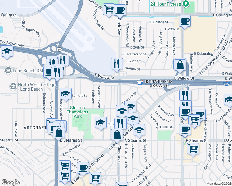 map of restaurants, bars, coffee shops, grocery stores, and more near 2383 Clark Avenue in Long Beach