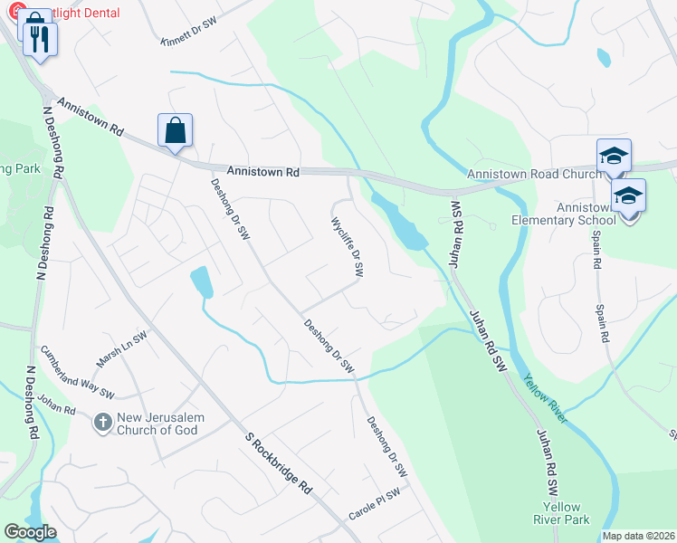 map of restaurants, bars, coffee shops, grocery stores, and more near 2968 Tiller Trail Southwest in Stone Mountain