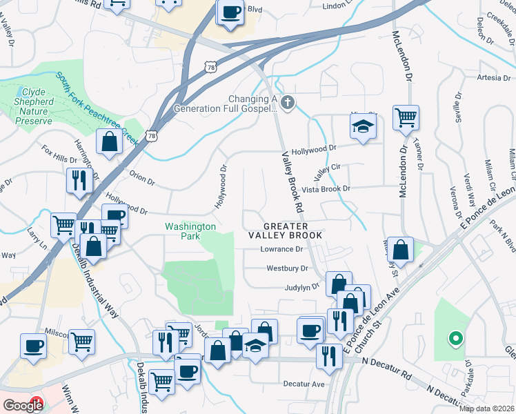 map of restaurants, bars, coffee shops, grocery stores, and more near 795 Cinderella Way in Decatur